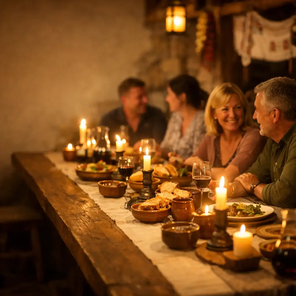 Meghitt, gyertyafényes éttermi jelenet